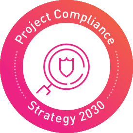 circular icon with a orange and pink gradient ring around, with the words 'Project Compliance Strategy 2030' written around, with a shield and magnifying glass in the centre