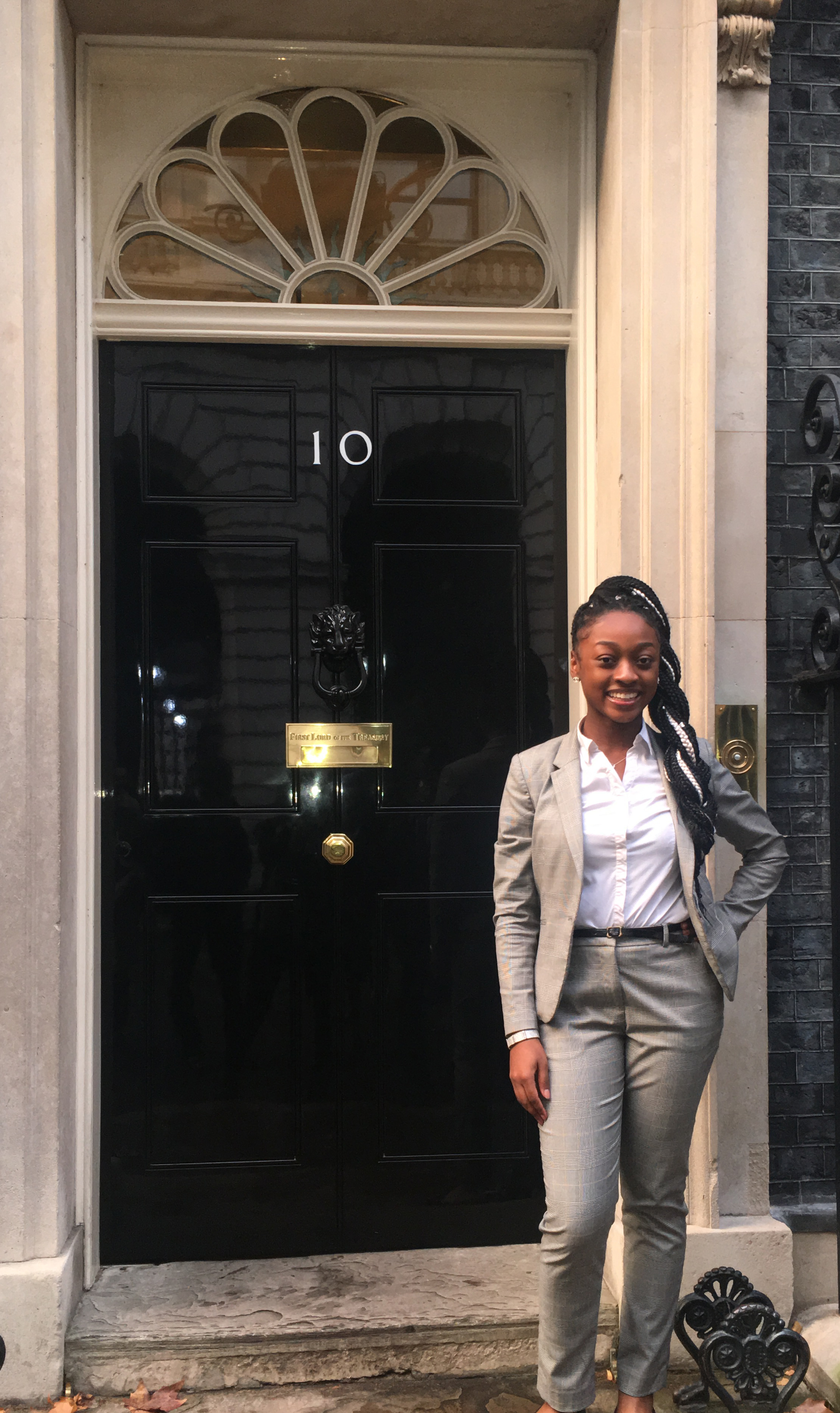 Photo of Loughborough student Temi outside Number 10 Downing Street