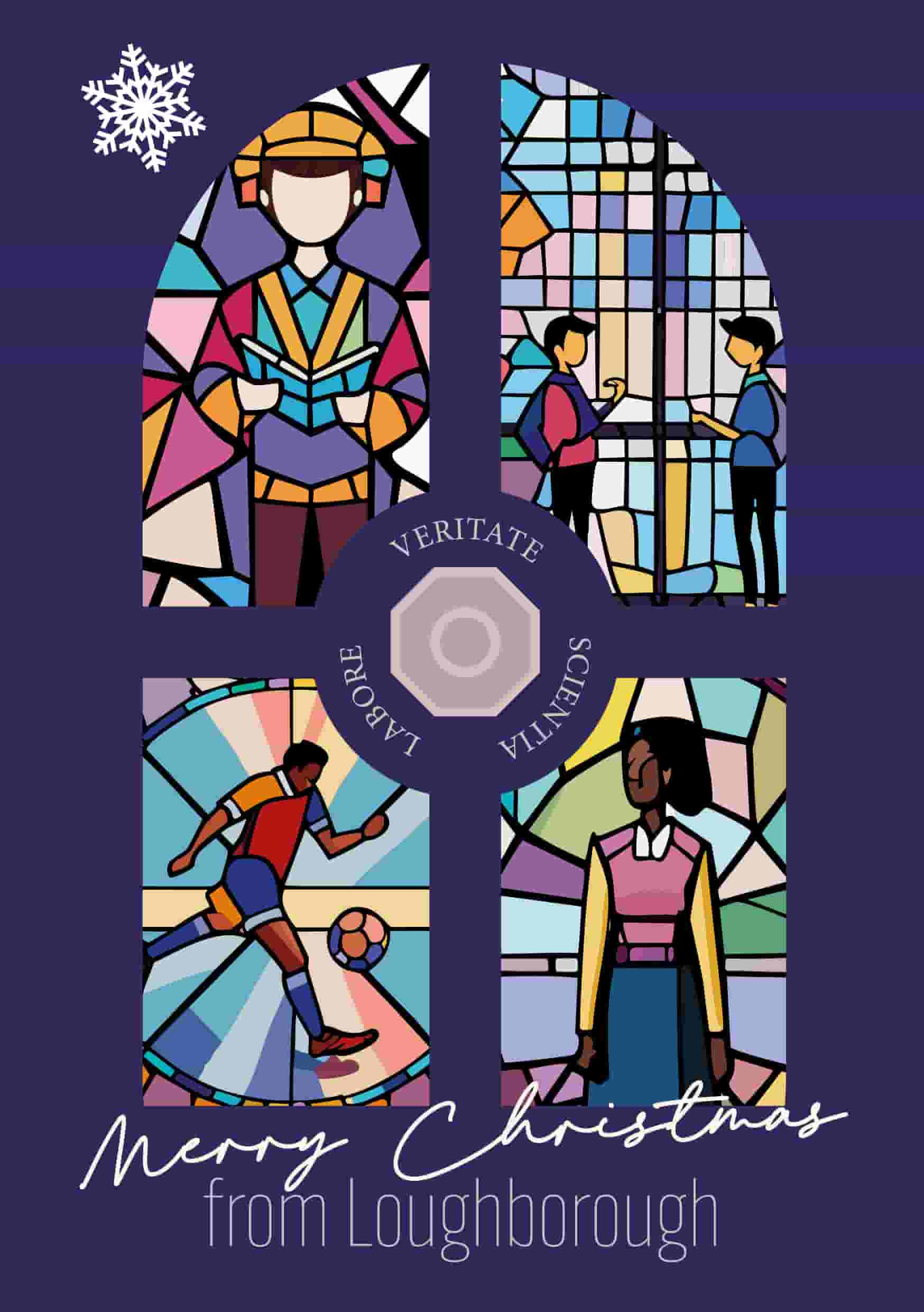 Illustration of a stained glass window with 'Merry Christmas from Loughborough' written underneath.