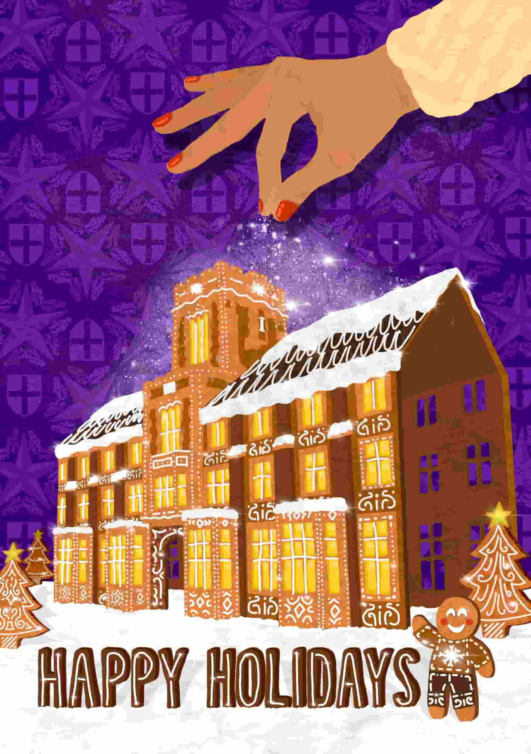 Illustration of a gingerbead building, man and 'Happy Holidays' with a hand above sprinkling snow on top of the building.