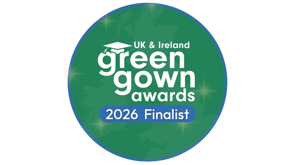 A green circle with text reading 'UK and Ireland Green Gown Awards 2026 finalist'.