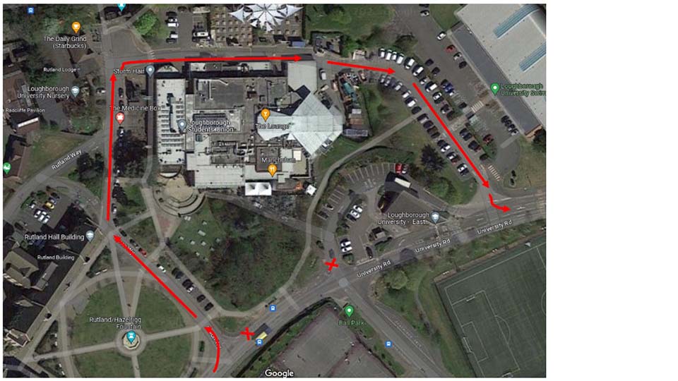 Birds eye map of the East Gate exit to epinal Way, showing a red arrow pointing out the directions of the diversion