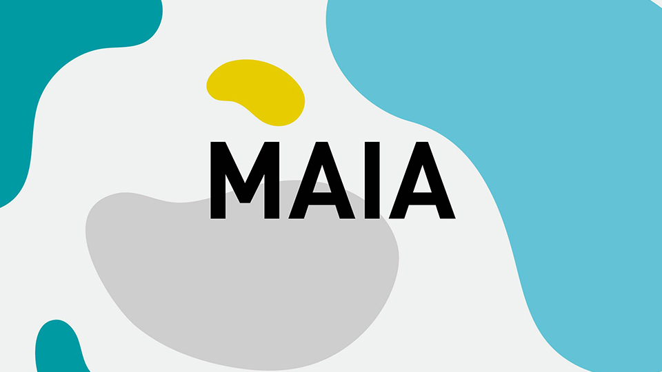 Visual with the word 'MAIA' with blue, yellow and grey shapes in the background