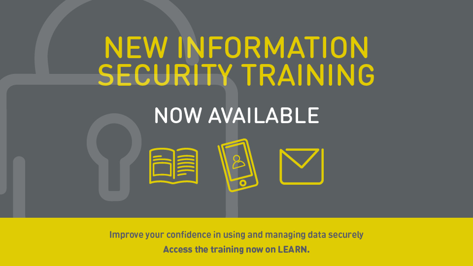 graphic with symbols including a lock, email message and book with text saying 'New information security training now available'