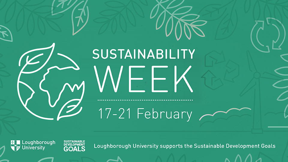 green background with foliage and wind turbine and globes included. Writing that says 'Sustainability Week' and text to say the University supports the SDGs