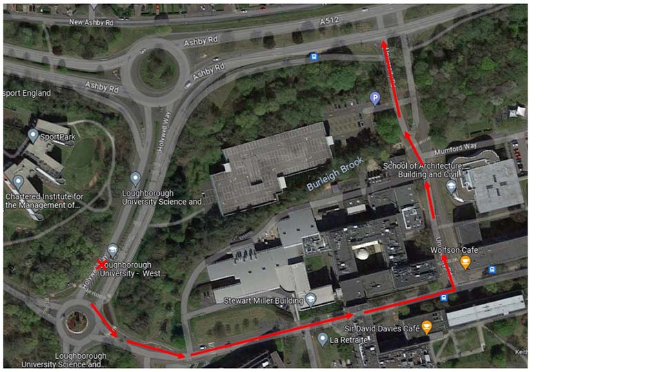 A birds eye view map showing the West exit of campus and a red line detailing the diversion that has been put in place
