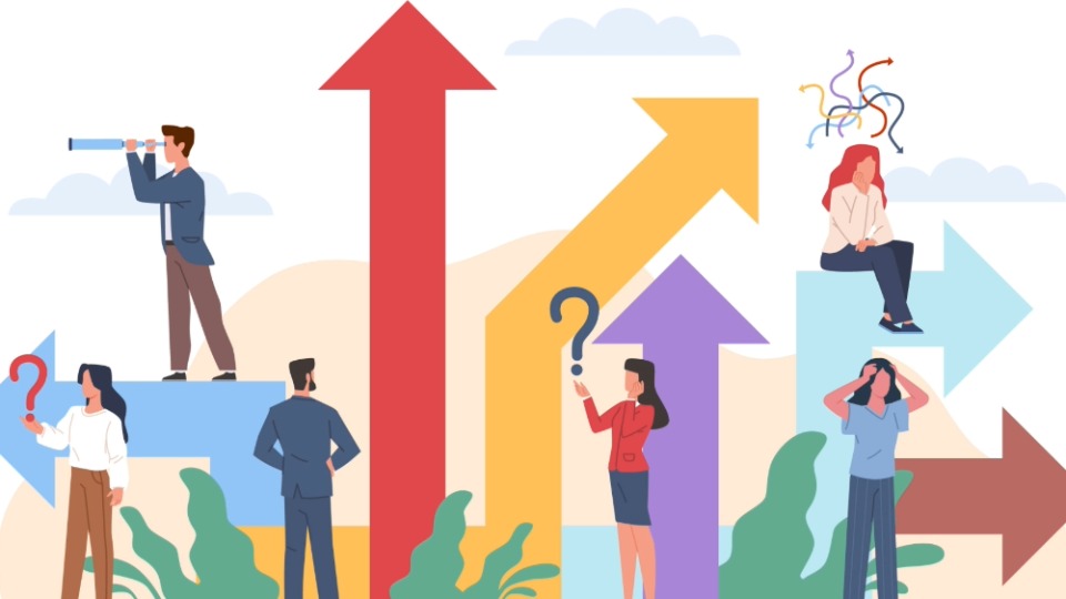 People looking at large colourful upwards arrows