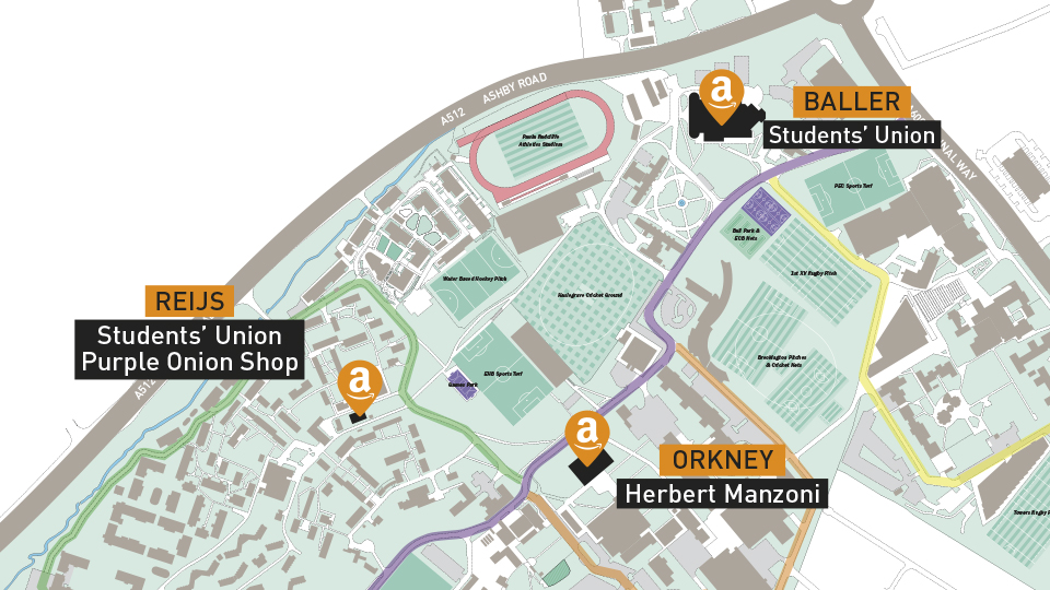 A map to show where the three different Amazon lockers are located on the Loughborough campus.