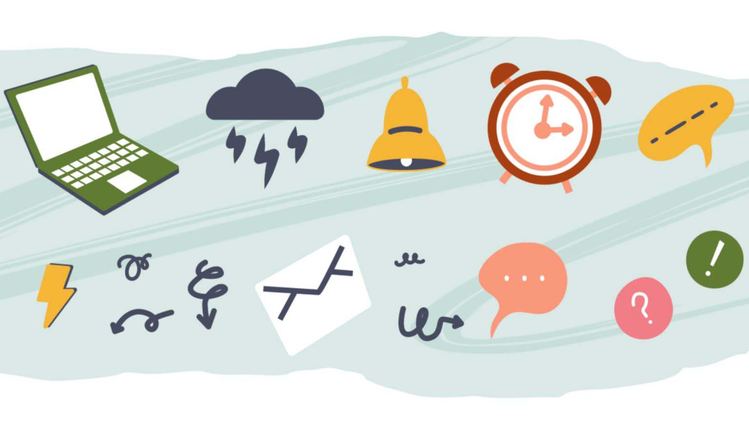 Illustration of a laptop, alarm clock, lightning bolts and message symbols against a grey background.