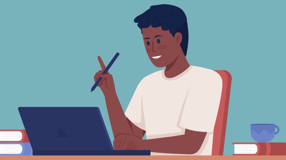 Cartoon of a person sat at a desk in front of a laptop holding a pencil and smiling