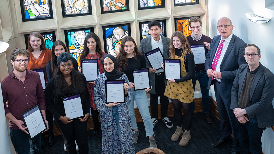 Photo of the ten scholarship students with the Vice-Chancellor Robert Allison and Director of LU Arts, Nick Slater