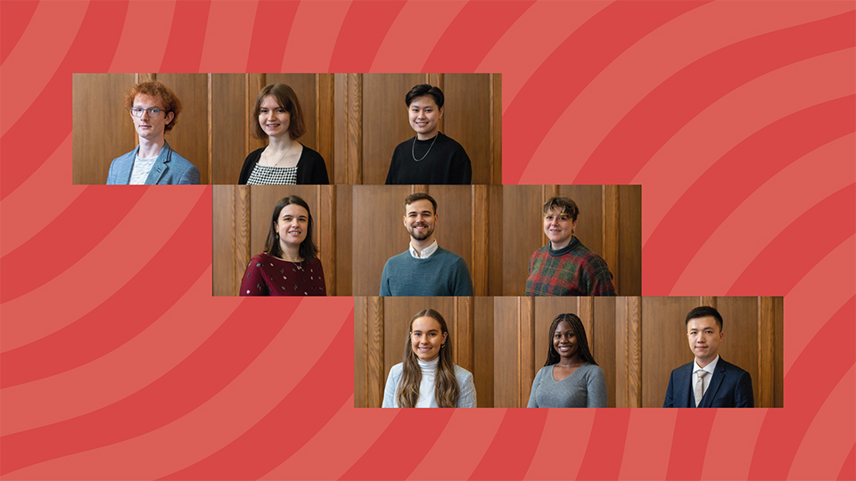 Headshots of all the performing student scholars, over the top of a red wavey background