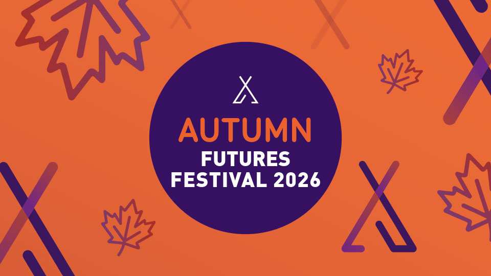 Orange background with autumnal leaves and a central purple circle with text 'Autumn Futures Festival 2026'