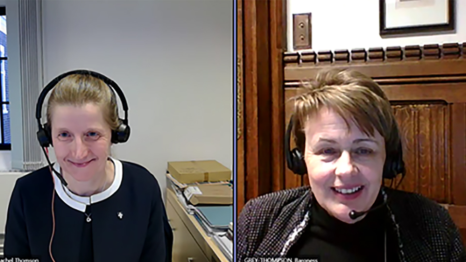 Screenshot of Professor Rachel Thomson and Baroness Grey-Thompson talking to each other at the online event