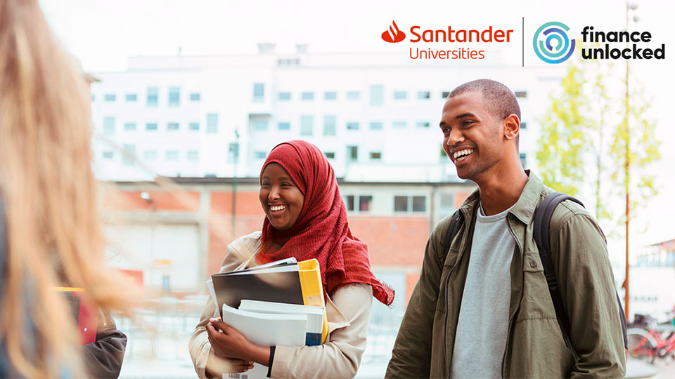 photo of two Black students with the Santander Universities UK and Finance Unlocked logos in the top right-hand corner