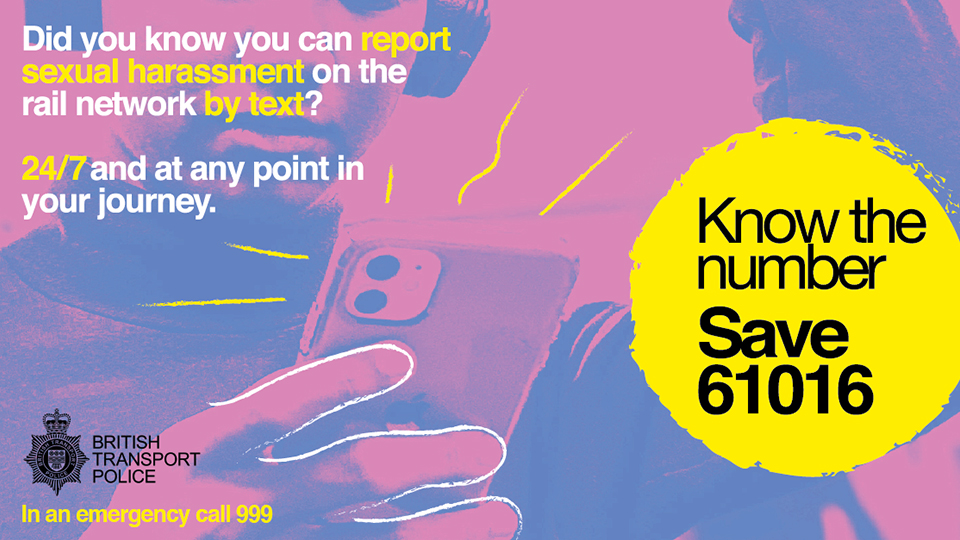 An image with the British Transport Police text service number on to report an incident