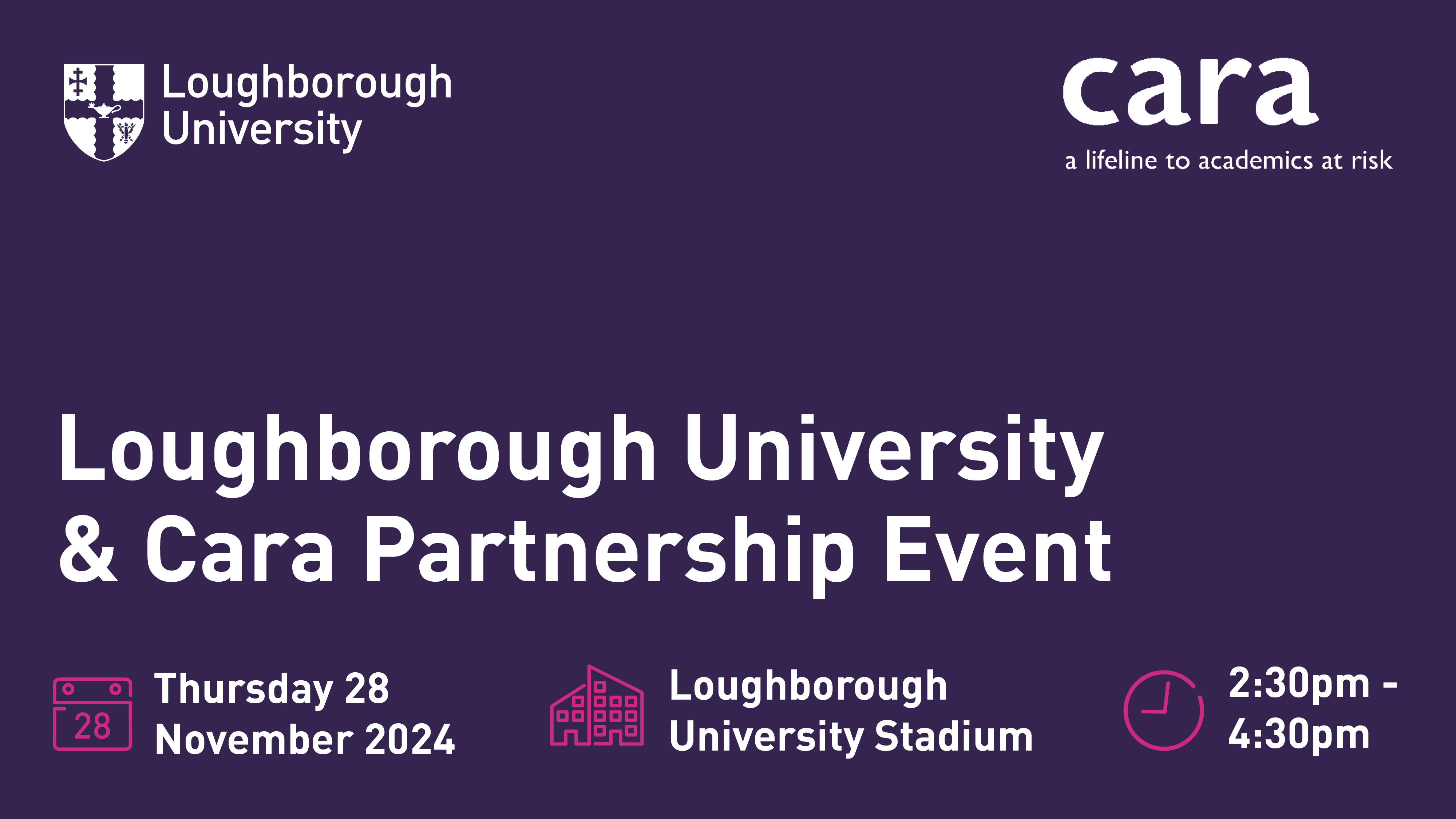 Purple background with University and Cara logos in the top corners and icons next to information about the date, time and location of the event