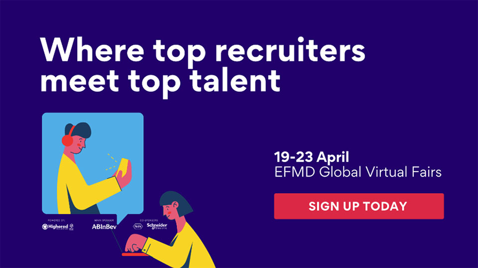 Illustration of two people 'tuning in' to event virtually by looking on a phone and laptop. Has the words 'Where top recruiters meet top talent' on a dark blue background