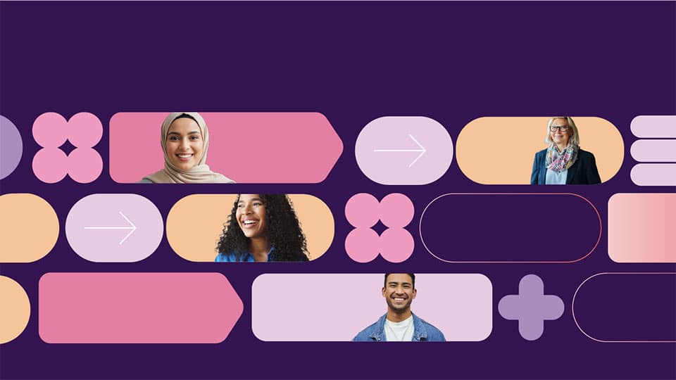Purple boxes with smiling people and geometric shapes