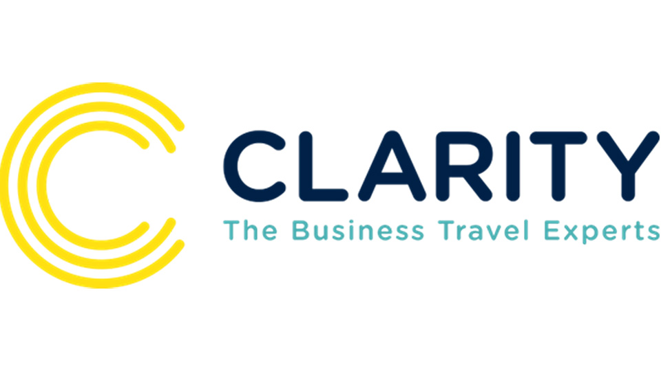 Clarity logo: A big 'c' in yellow with the word 'Clarity' in capital letters in navy, and underneath text saying 'The Business Travel Experts' in a mint green colour