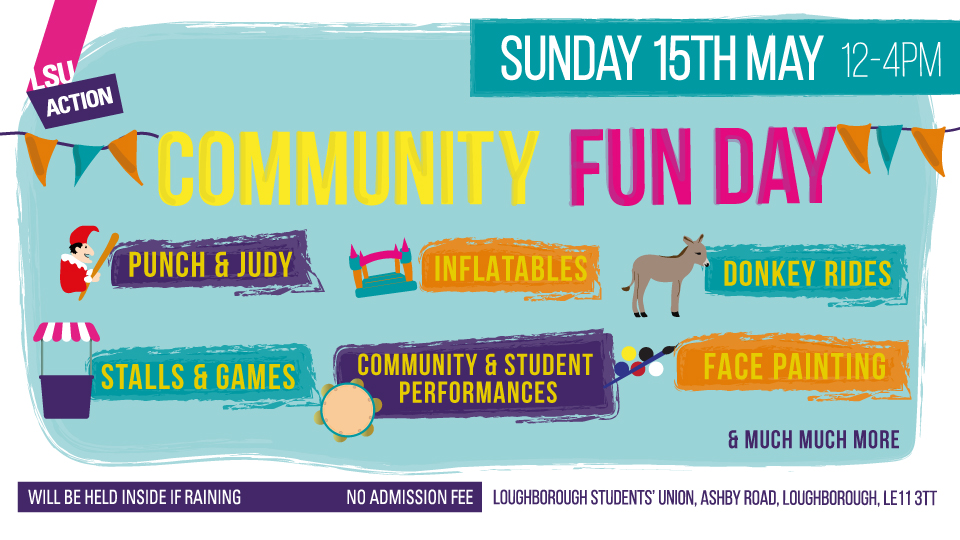 Illustration of activities taking place at the Community Fun Day, including donkey rides, face painting, Punch and Judy and inflatables