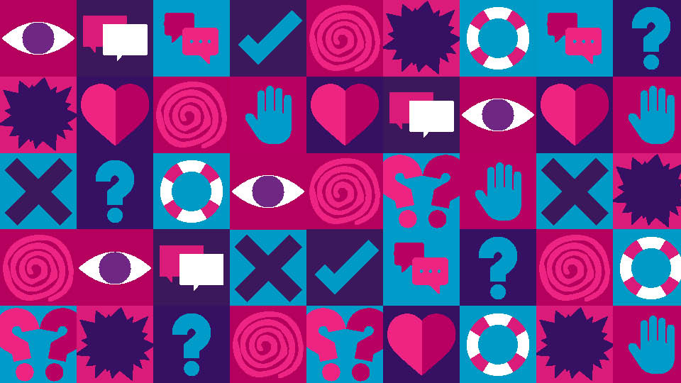 Blue, pink and purple illustrated tiles with different graphics on including question marks, speech bubbles, ticks and crosses