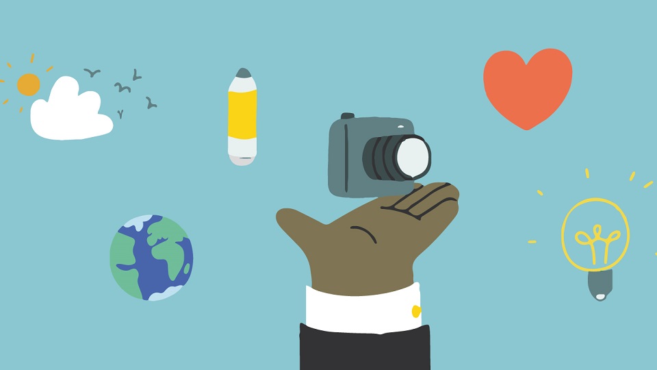A pale blue background with floating illustrations of a hand, a camera, a light-bulb, a heart, a pencil, the earth, the sun, clouds and birds.
