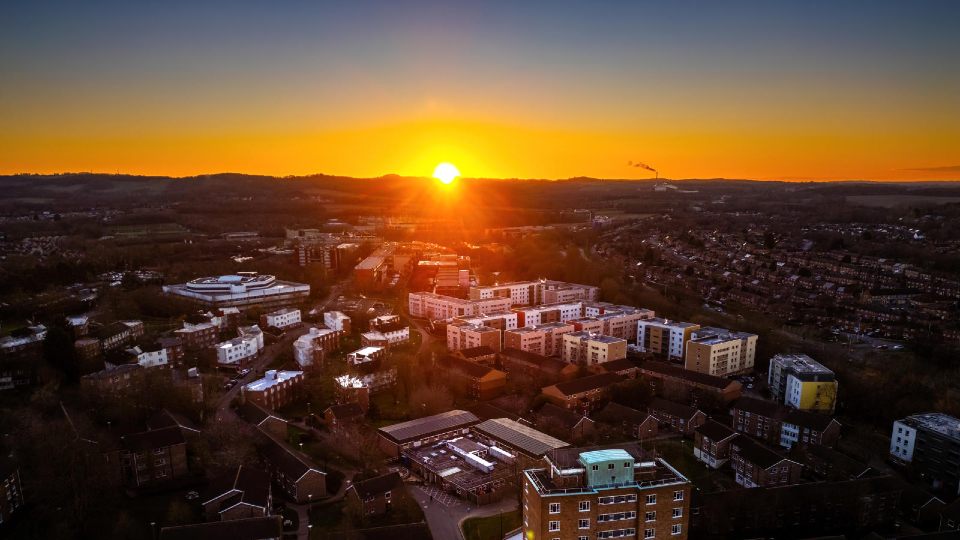 Sunset over Loughborough University campus.