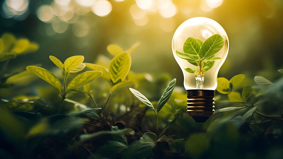 A lightbulb with a seedling growing inside, surrounded by greenery