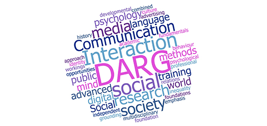 Pictured is the DARG logo which is made up of purple, pink and blue words that relate to the group. 