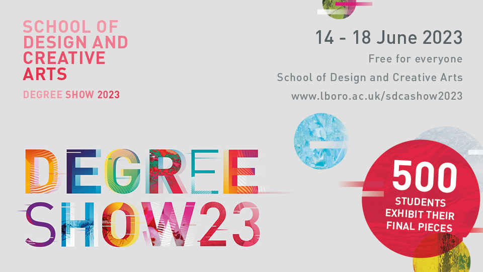 Degree Show 2023 in multicolours in the middle with beige background 