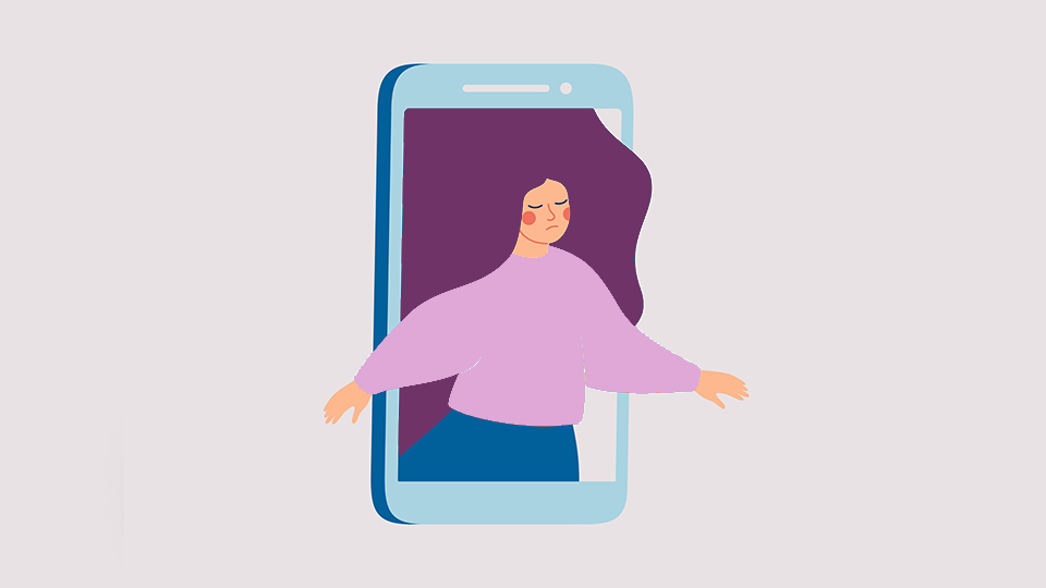 Illustration of a woman leaning out of a mobile phone screen.