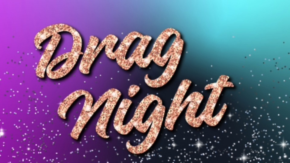 Gold sparkling text reading 'Drag Night' on a blue-purple gradient background