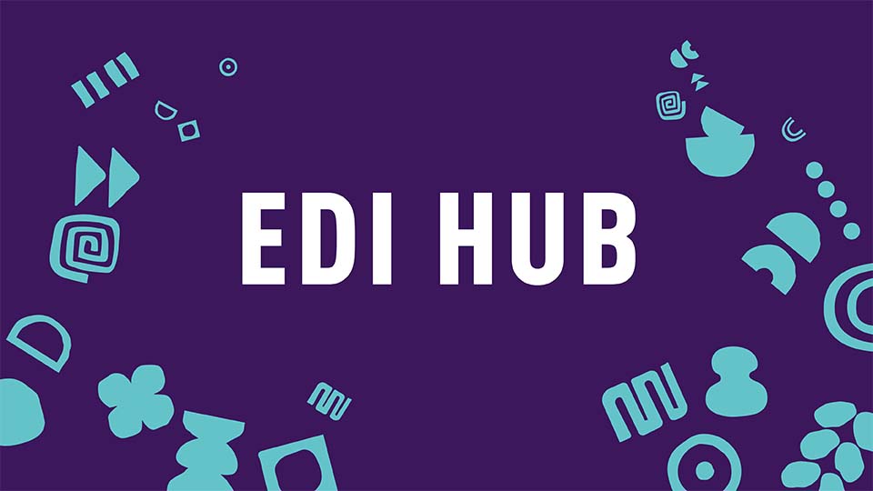 Purple banner with light blue icons of different shapes dotted around the words 'EDI Hub' in the centre. 