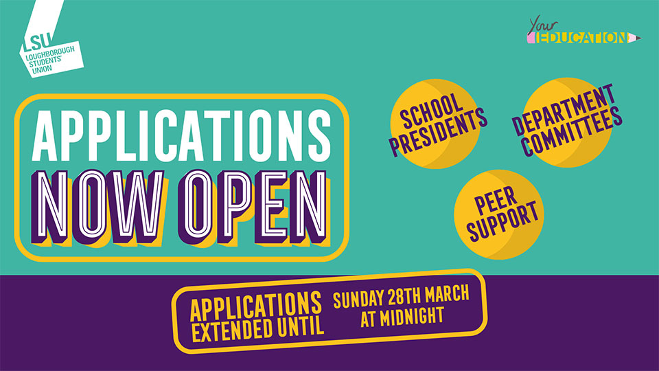 Purple and green graphic with information (including the extended deadline) for the Students' Union Education Volunteer position call-out