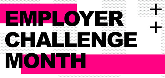 Pink, black and grey illustration with cross signs and the words 'Employer Challenge Month' written over the top in black 