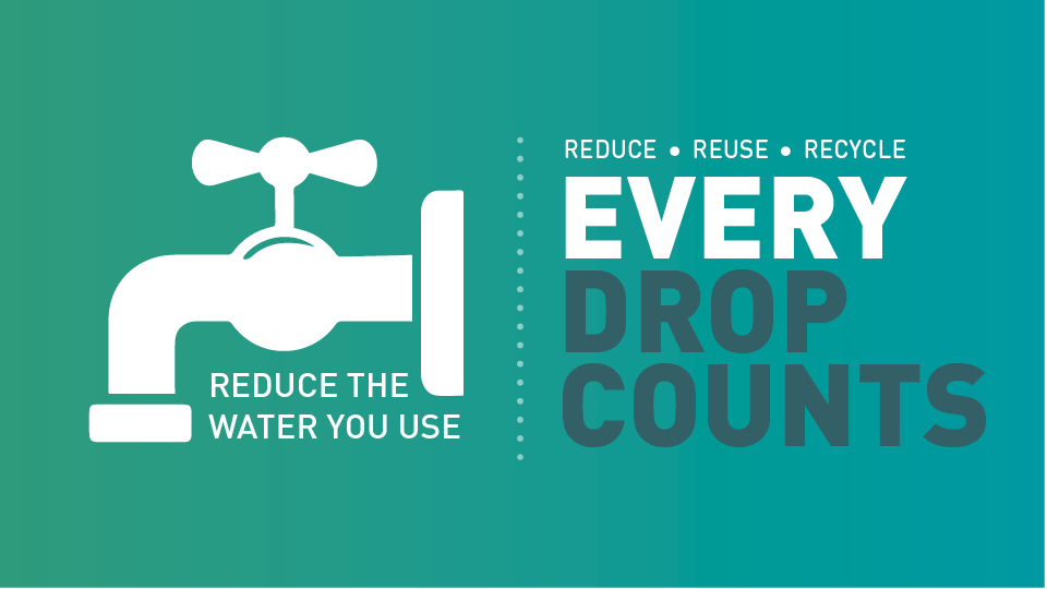 graphic of a tap dripping with water and the words 'Every drop counts'