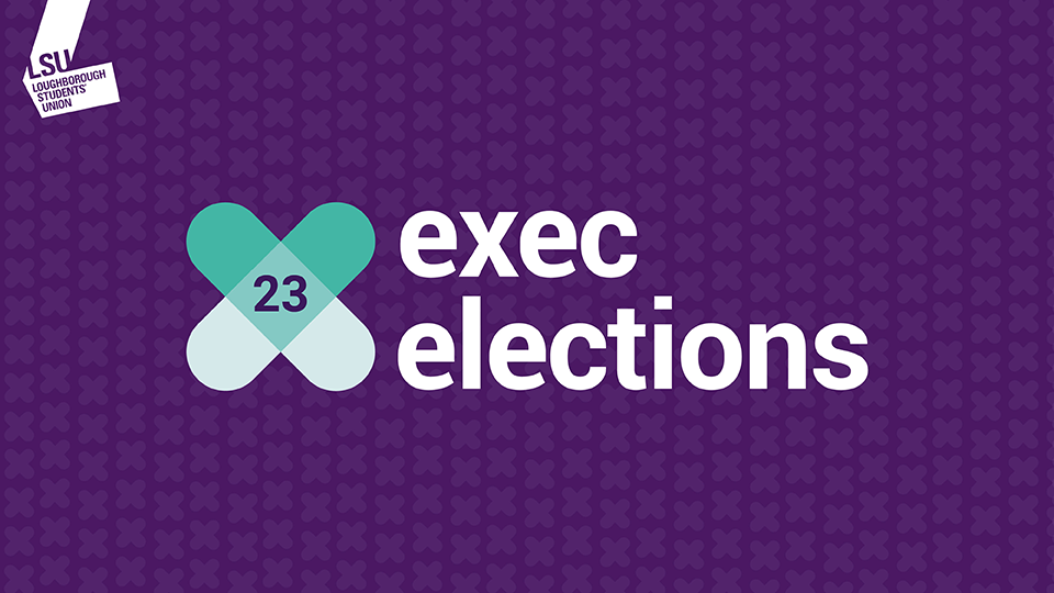 Purple graphic with a blue/green cross with 'Exec Elections 23' written on the top