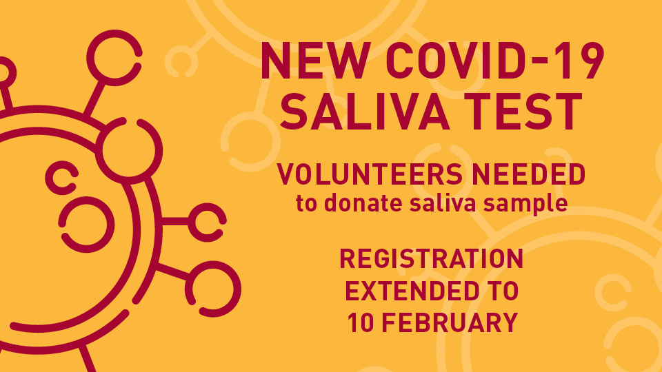 Red and yellow graphic with Covid iconography with information about the study and deadline for volunteers