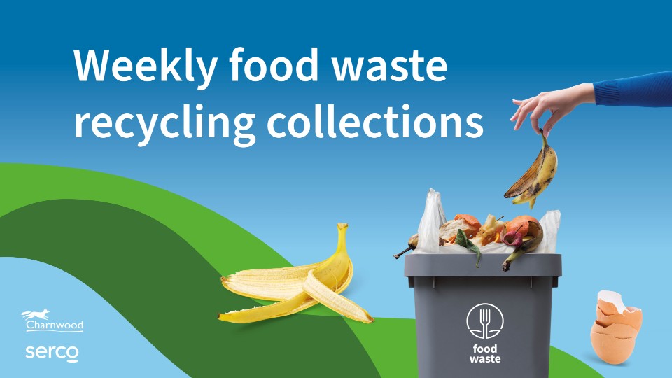 A person putting a banana skin into a food waste bin alongside text reading 'weekly food waste recycling collections'