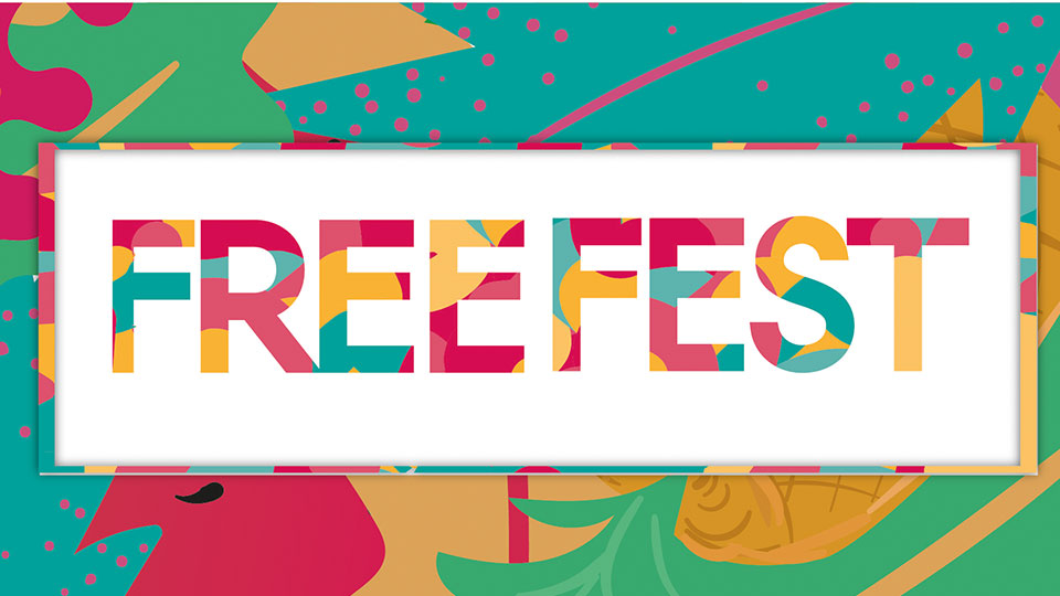 text of words 'Freefest' on a colourful background