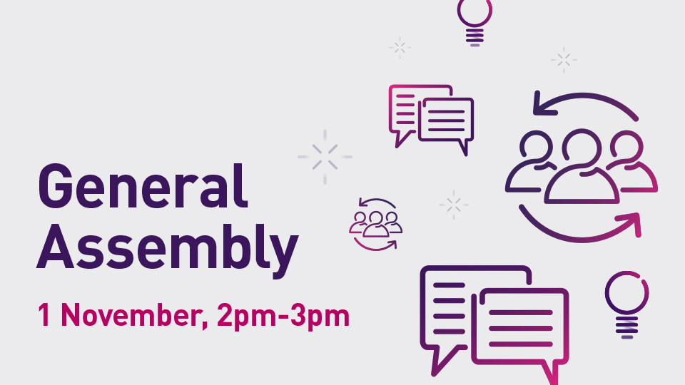 Grey background with pink and purple writing that says General Assembly, as well as the date and time it takes place. Icons such as stars, lightbulbs and people are dotted across the right-hand side of the image
