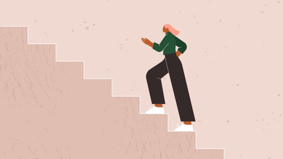 Illustration of a person walking up a staircase.