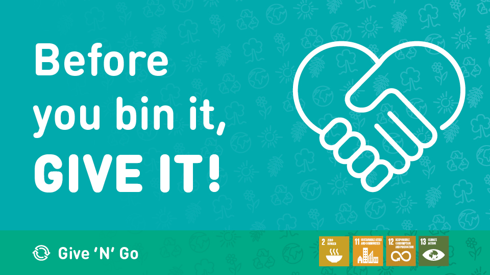 A blue and green background with an environmental icons pattern, 'Before you bin it, GIVE IT!' in large text and a large icon of hands shaking in a heart shape.