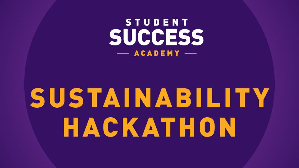 Purple background with 'sustainability hackathon' written in yellow