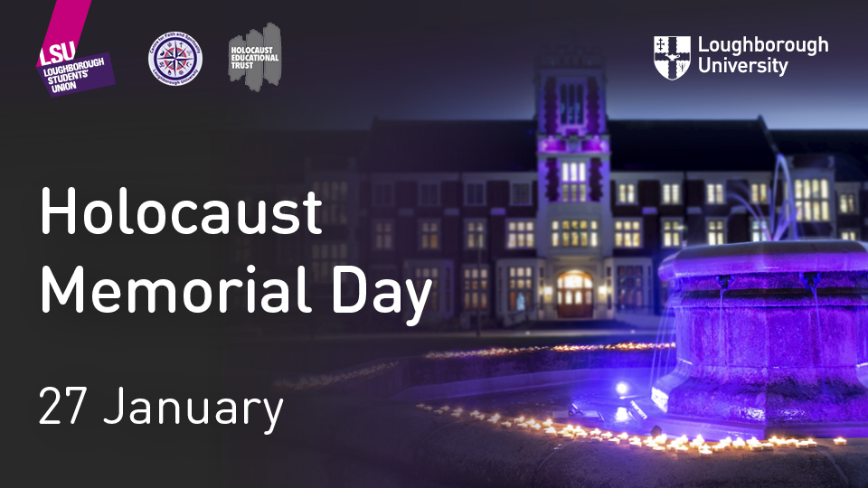 Photo of the Hazlerigg Building and Fountain lit up purple with the words: 'Holocaust Memorial Day - 27 January'