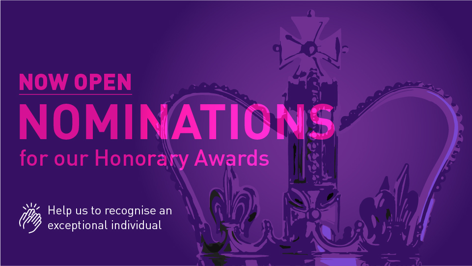 Purple and pink banner with an illustration of the top of the University Mace 