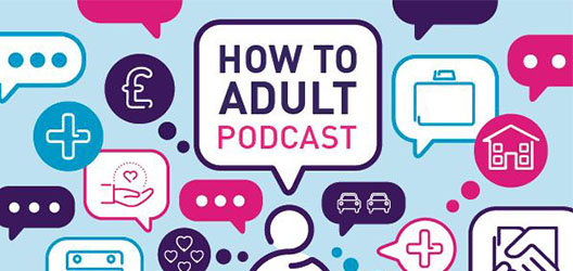 Illustrated graphic for the 'How to Adult' podcast featuring iconography in speech bubbles and circles to represent student life eg housing, health, self-care, relationships, financing etc