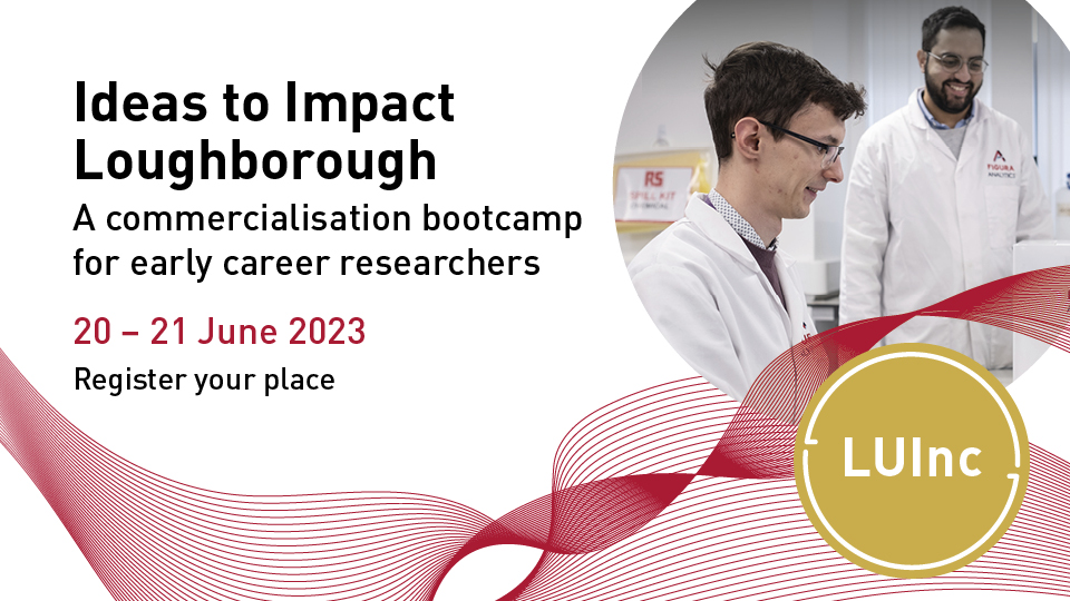 White background with black text providing information about the event, along with a red swirl running through the image. There is also a photo showing two men smiling in lab coats 