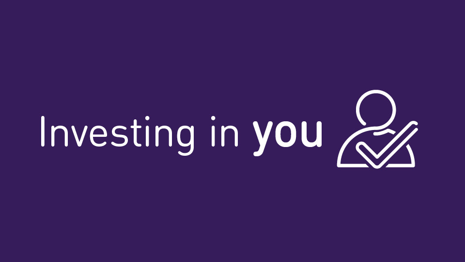 Purple banner which says 'Investing in You' and a person icon 